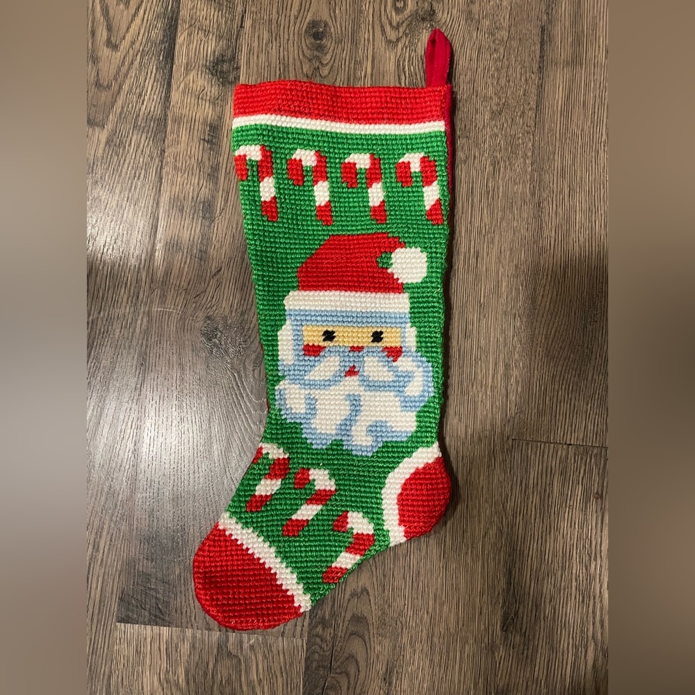 Vintage Handmade Hikiday Santa Cross Stitch Stocking